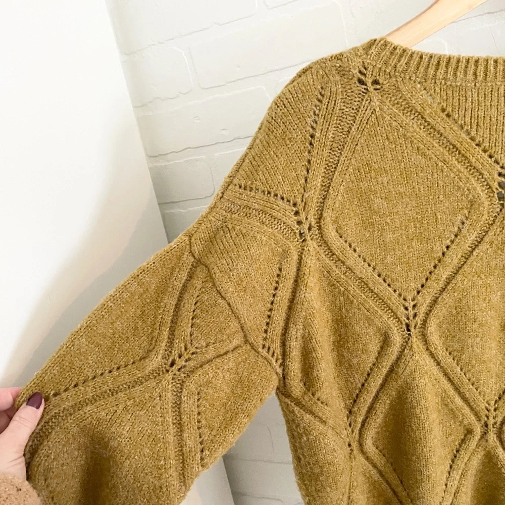 Anthropologie X ICHI Diamond Cable Knit Sweater Chunky Oversized Mustard Sz M - Picture 11 of 14